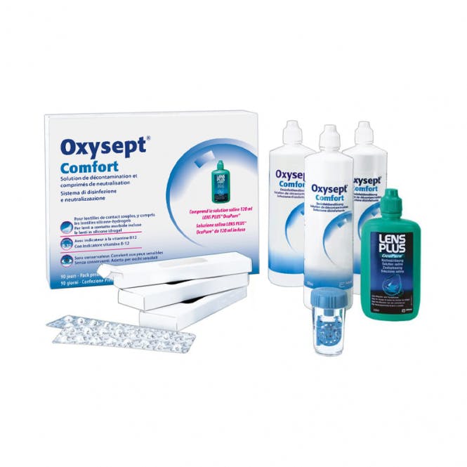 Oxysept Comfort B12 - 3x300ml + 90 Tabletten + 120ml Lens Plus + Behälter 